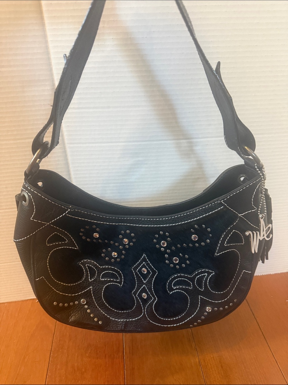 American West hair on hide tooled leather shoulder bag purse rhinestones western